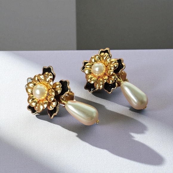 Vintage Jewelry - Elegant Gold and Black Enamel Floral Pearl Drop Clip Earrings